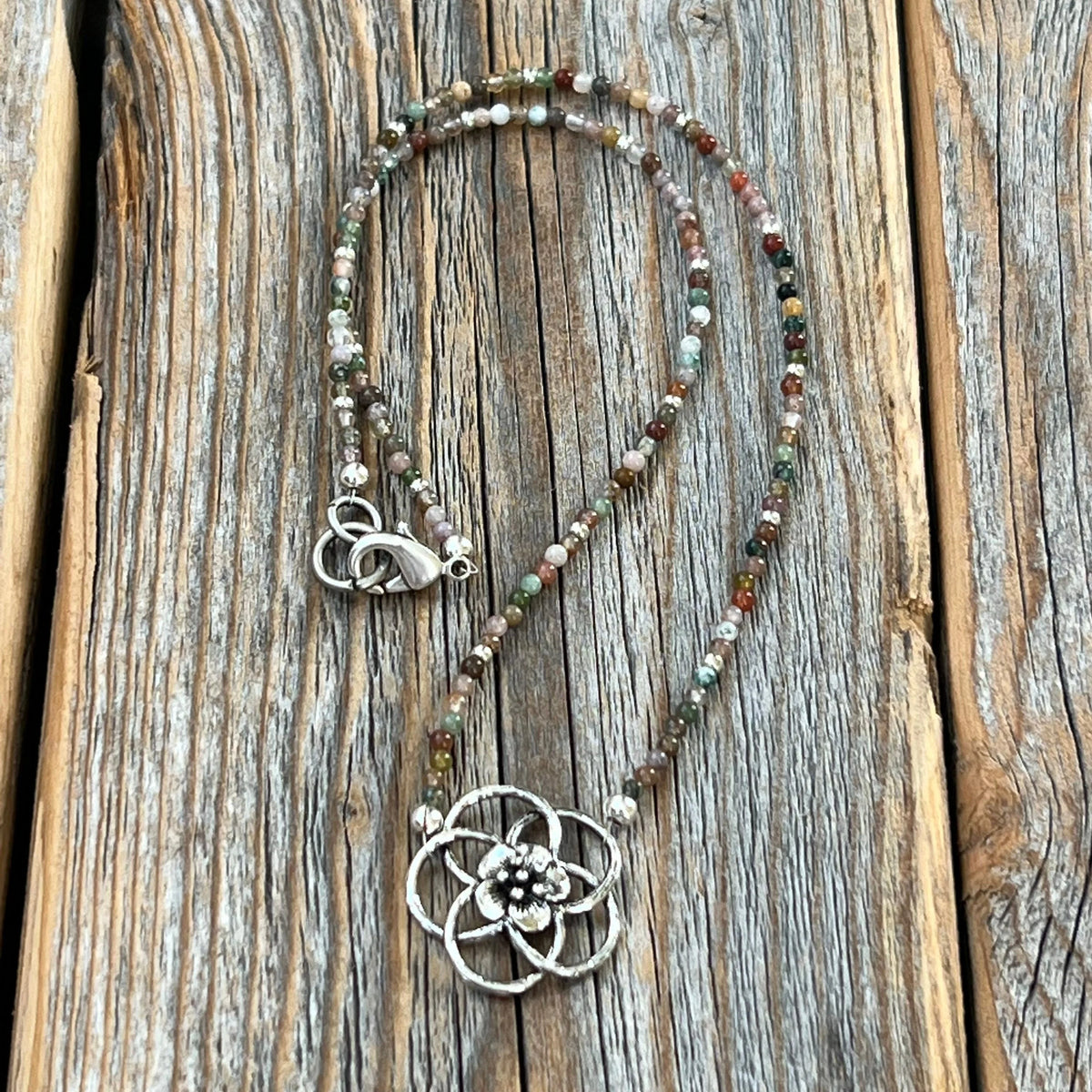 Jasper Flower Choker – Dainty Seed Bead, Sterling Silver Clasp