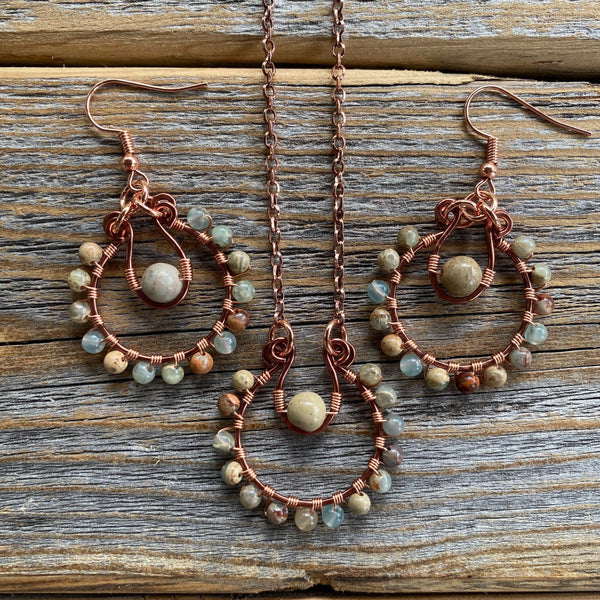 JEWELRY SET - African Opal Necklace, African Opal Earrings, African Opal Jewelry, Rustic Jewelry, Stone Earrings, Stone Necklace, Bohemian