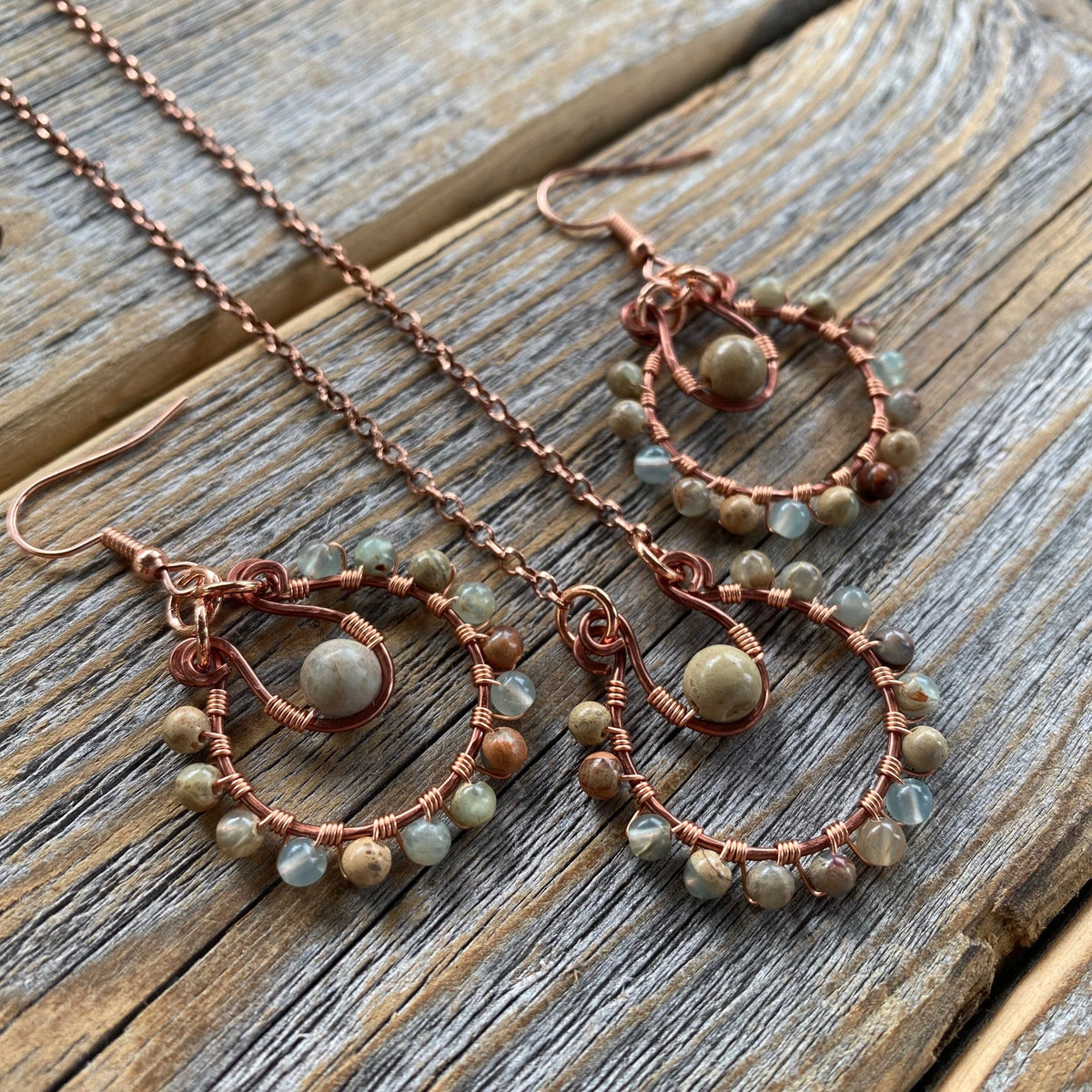 JEWELRY SET - African Opal Necklace, African Opal Earrings, African Opal Jewelry, Rustic Jewelry, Stone Earrings, Stone Necklace, Bohemian