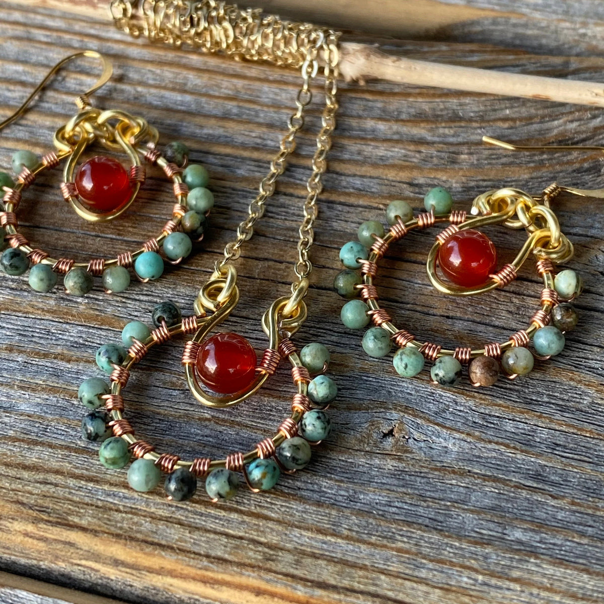 JEWELRY SET - Turquoise and Carnelian Necklace -Turquoise and Carnelian Earrings - Beaded Jewelry - Dainty Jewelry - Anniversary Gift