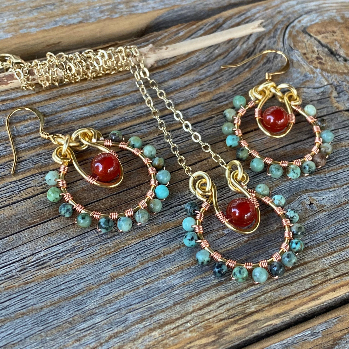 JEWELRY SET - Turquoise and Carnelian Necklace -Turquoise and Carnelian Earrings - Beaded Jewelry - Dainty Jewelry - Anniversary Gift