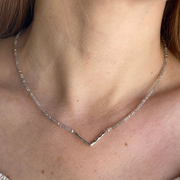 Labradorite Beaded Necklace – Sterling Silver Chevron Pendant