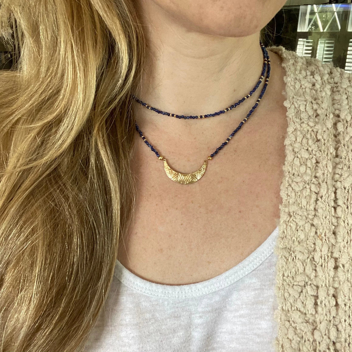 Lapis Lazuli Beaded Choker – Crescent Moon Charm, Boho Necklace