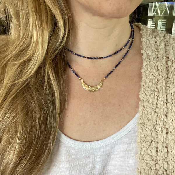 Lapis Lazuli Beaded Choker – Crescent Moon Charm, Boho Necklace