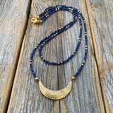 Lapis Lazuli Beaded Choker – Crescent Moon Charm, Boho Necklace