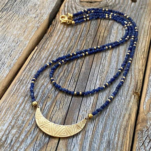 Lapis Lazuli Beaded Choker – Crescent Moon Charm, Boho Necklace
