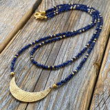 Lapis Lazuli Beaded Choker – Crescent Moon Charm, Boho Necklace