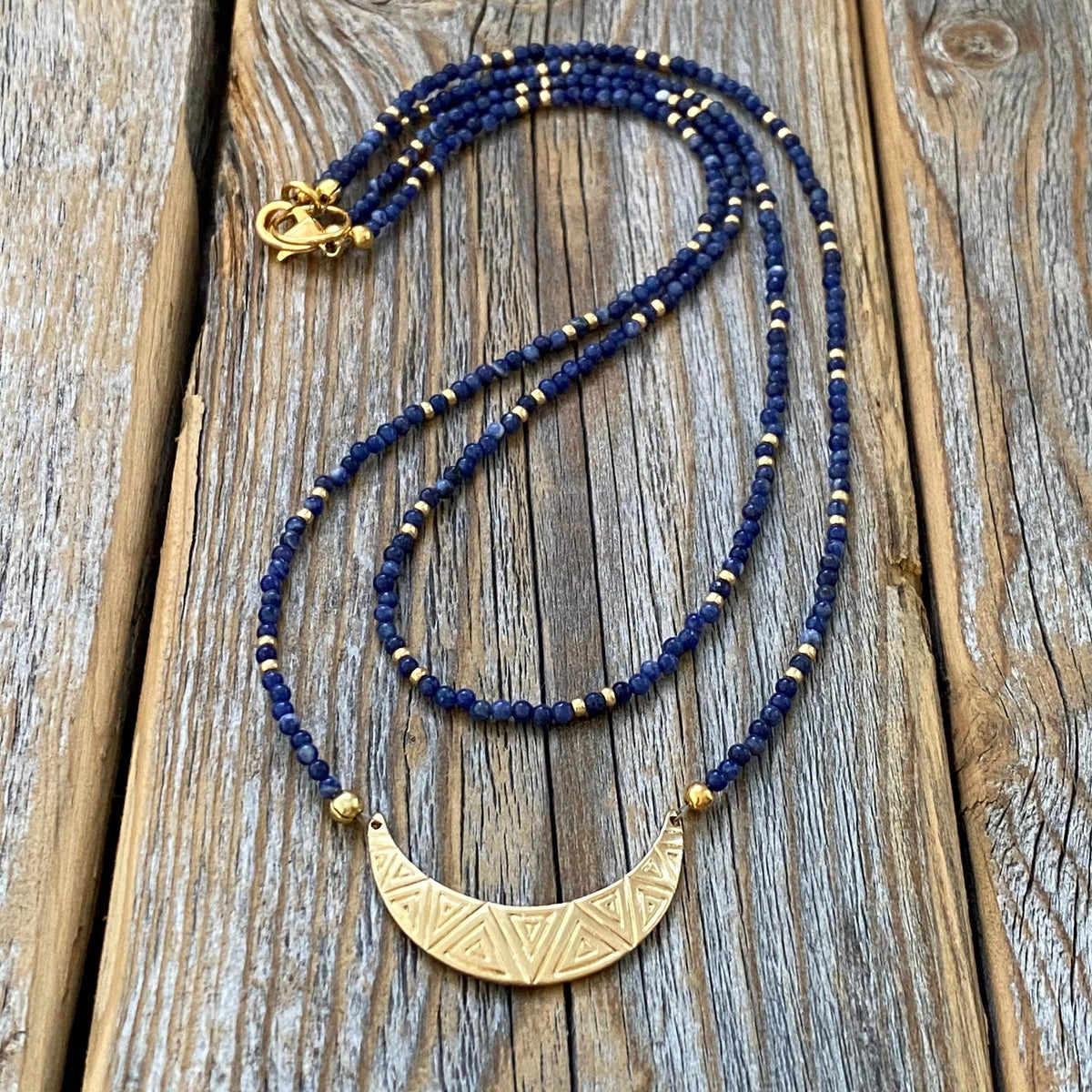 Lapis Lazuli Beaded Choker – Crescent Moon Charm, Boho Necklace