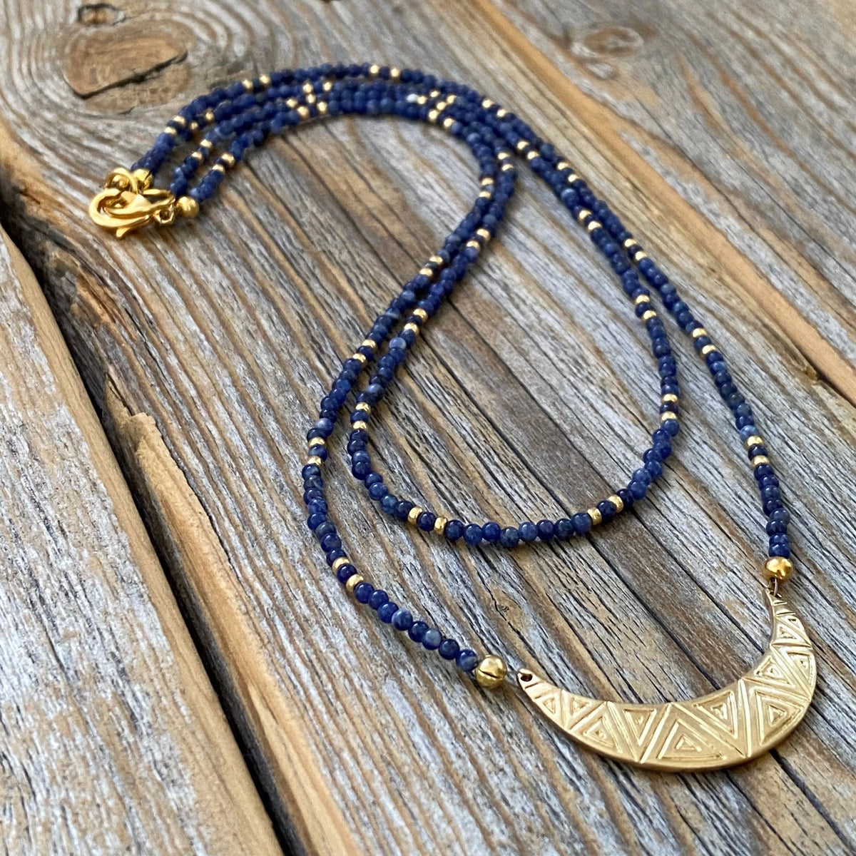 Lapis Lazuli Beaded Choker – Crescent Moon Charm, Boho Necklace