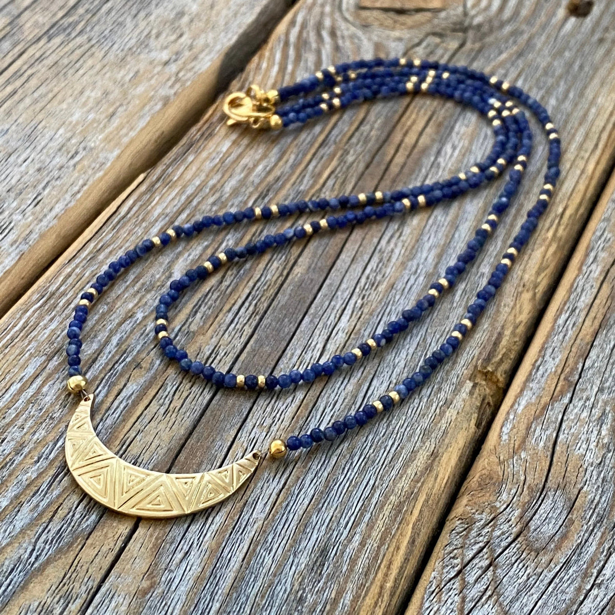 Lapis Lazuli Beaded Choker – Crescent Moon Charm, Boho Necklace