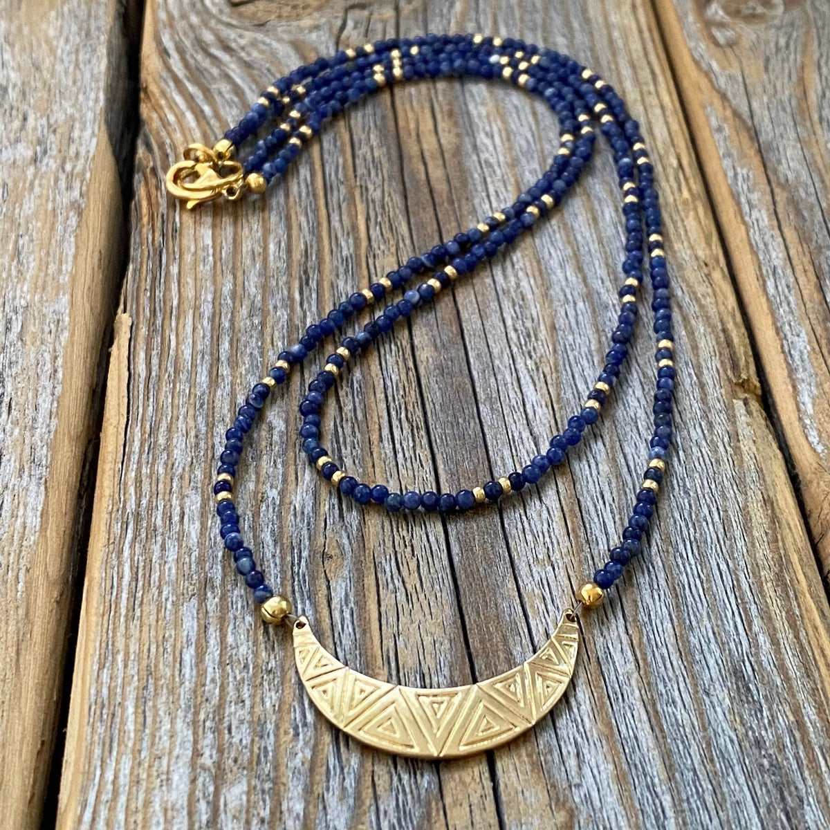 Lapis Lazuli Beaded Choker – Crescent Moon Charm, Boho Necklace