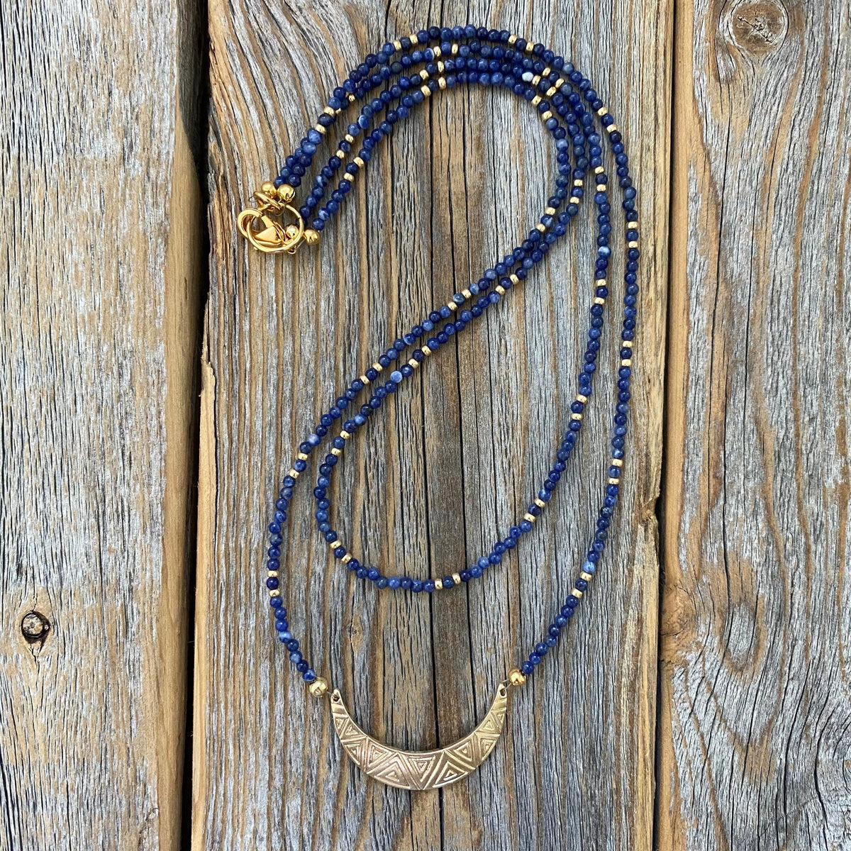 Lapis Lazuli Beaded Choker – Crescent Moon Charm, Boho Necklace