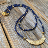 Lapis Lazuli Beaded Choker – Crescent Moon Charm, Boho Necklace