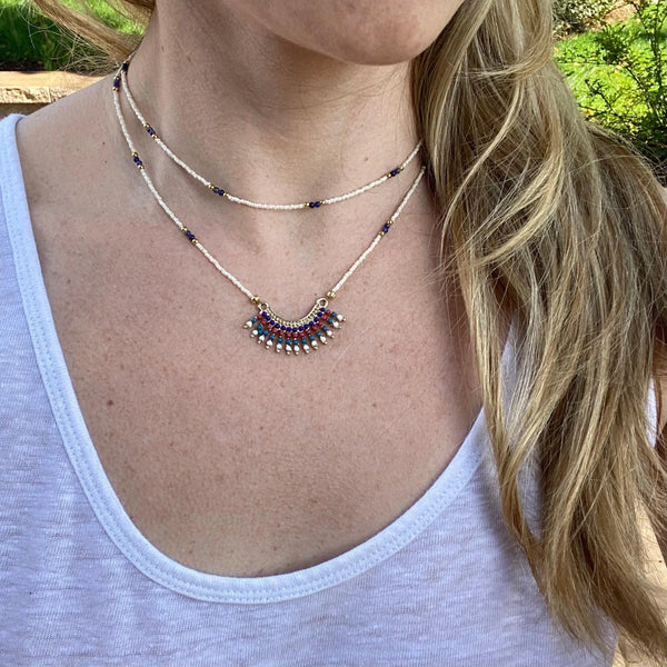 Lapis Lazuli Beaded Choker – Gold Fringe Pendant, Southwestern Necklace