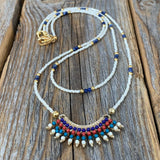 Lapis Lazuli Beaded Choker – Gold Fringe Pendant, Southwestern Necklace