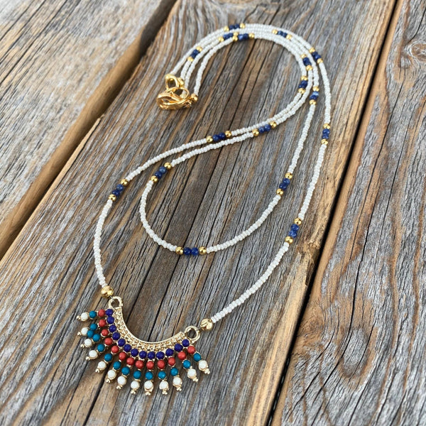 Lapis Lazuli Beaded Choker – Gold Fringe Pendant, Southwestern Necklace