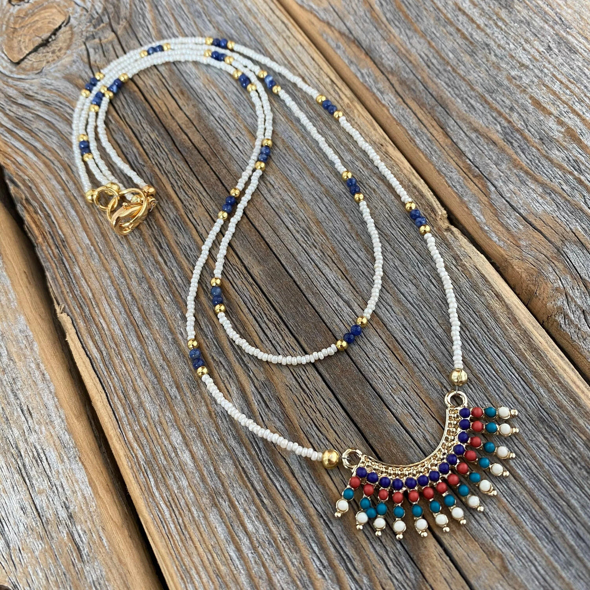 Lapis Lazuli Beaded Choker – Gold Fringe Pendant, Southwestern Necklace