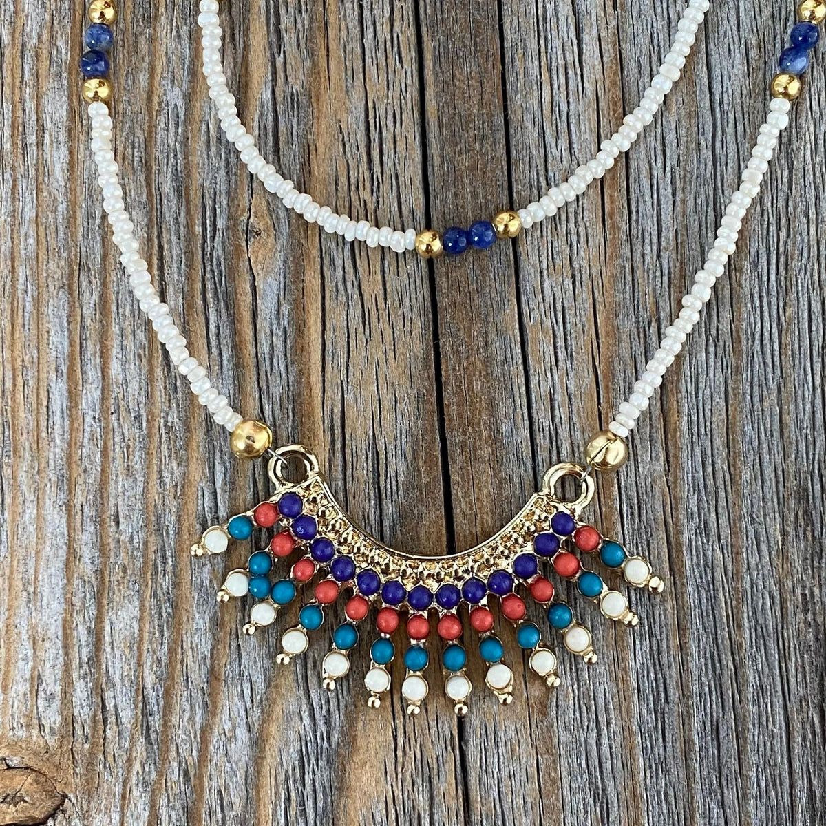 Lapis Lazuli Beaded Choker – Gold Fringe Pendant, Southwestern Necklace