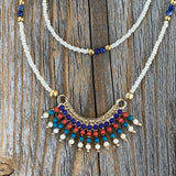 Lapis Lazuli Beaded Choker – Gold Fringe Pendant, Southwestern Necklace