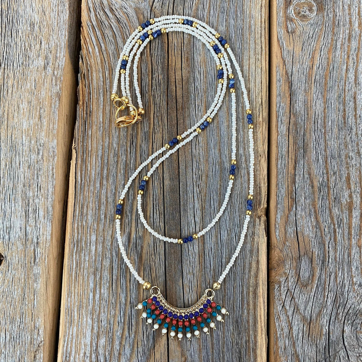 Lapis Lazuli Beaded Choker – Gold Fringe Pendant, Southwestern Necklace