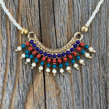 Lapis Lazuli Beaded Choker – Gold Fringe Pendant, Southwestern Necklace
