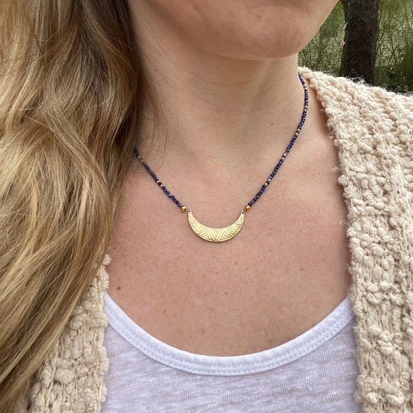 Lapis Lazuli Crescent Necklace | Dainty Gold Pendant, Minimalist Boho Jewelry, Layering Gift for Her