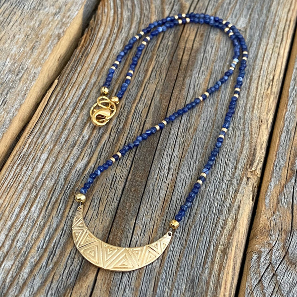 Lapis Lazuli Crescent Necklace | Dainty Gold Pendant, Minimalist Boho Jewelry, Layering Gift for Her