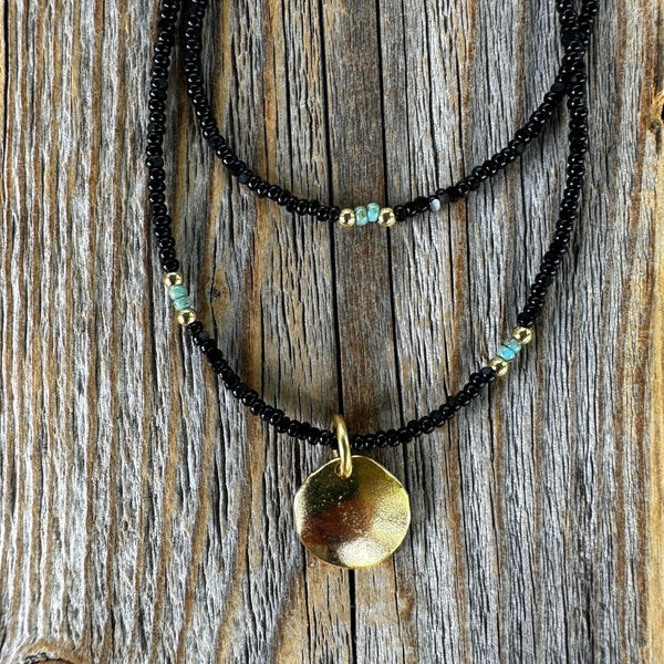 Layered Beaded Choker: Black Czech Glass, Gold Pendant, Boho Necklace