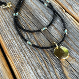 Layered Beaded Choker: Black Czech Glass, Gold Pendant, Boho Necklace