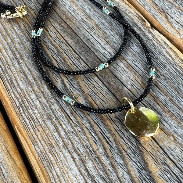 Layered Beaded Choker: Black Czech Glass, Gold Pendant, Boho Necklace