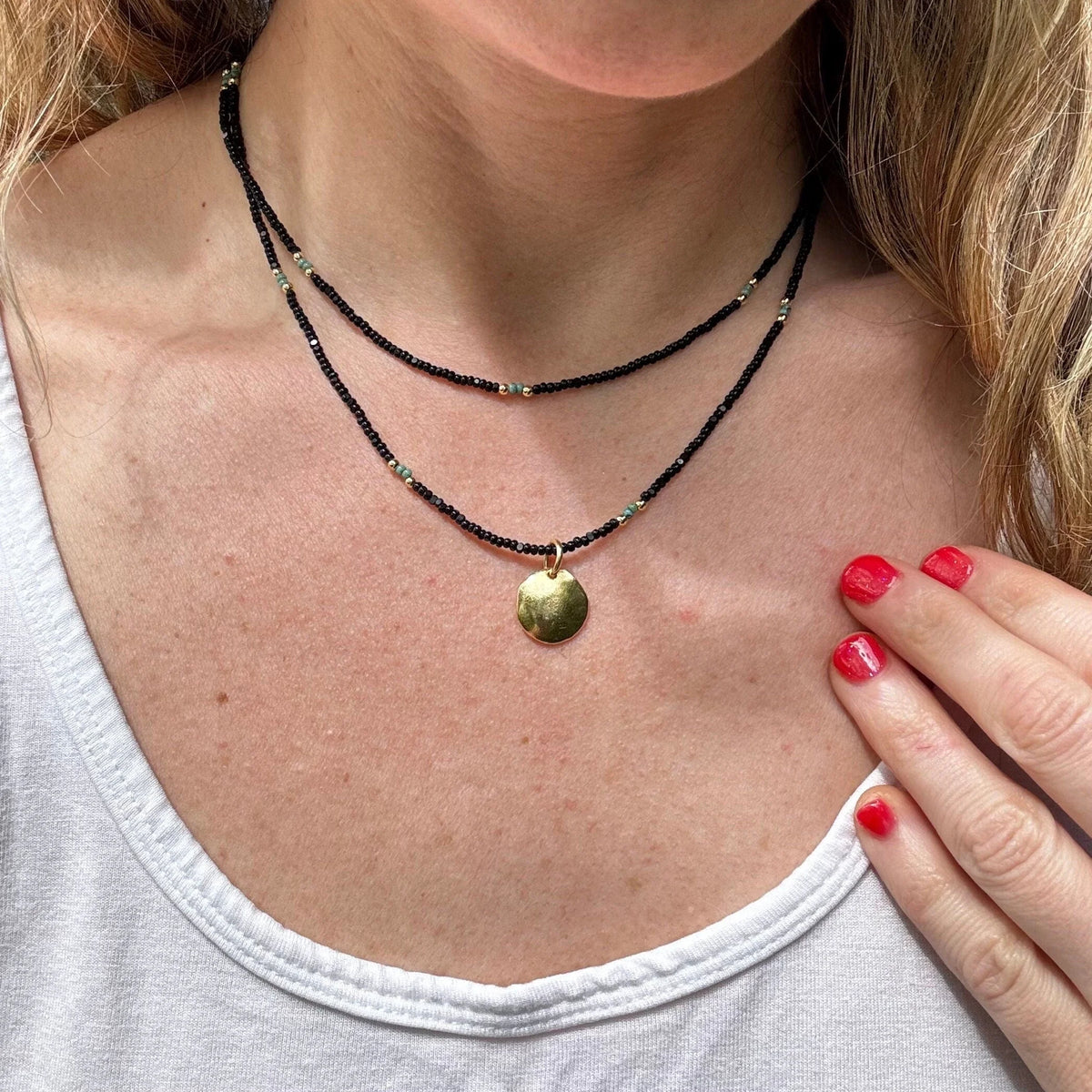 Layered Beaded Choker: Black Czech Glass, Gold Pendant, Boho Necklace