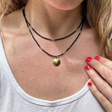 Layered Beaded Choker: Black Czech Glass, Gold Pendant, Boho Necklace