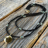 Layered Beaded Choker: Black Czech Glass, Gold Pendant, Boho Necklace