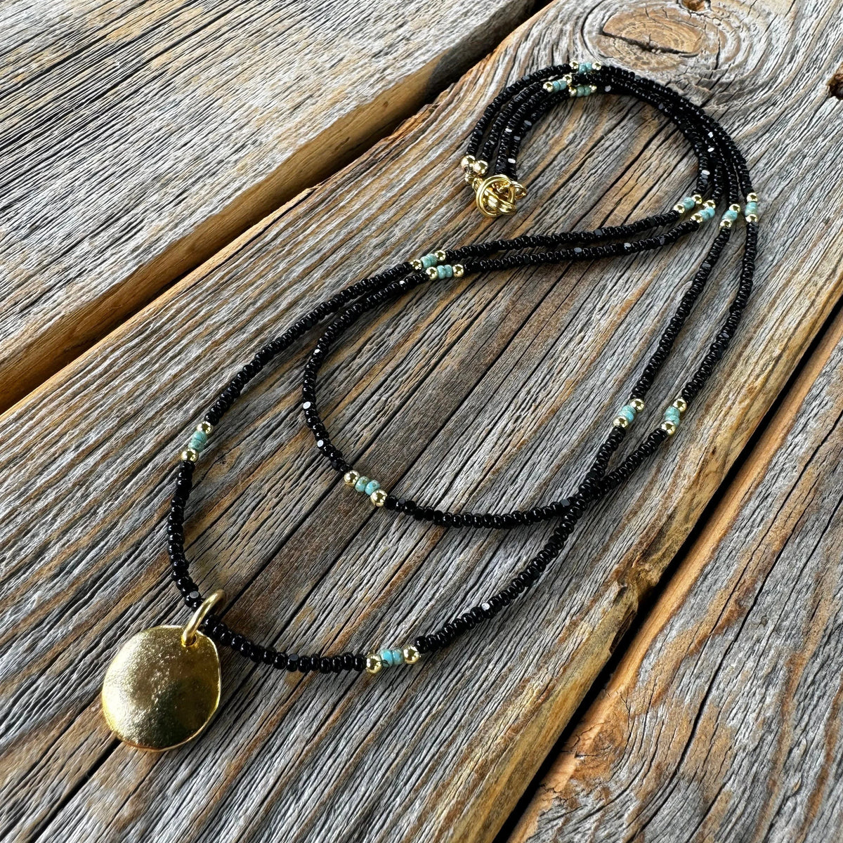 Layered Beaded Choker: Black Czech Glass, Gold Pendant, Boho Necklace