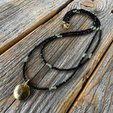 Layered Beaded Choker: Black Czech Glass, Gold Pendant, Boho Necklace