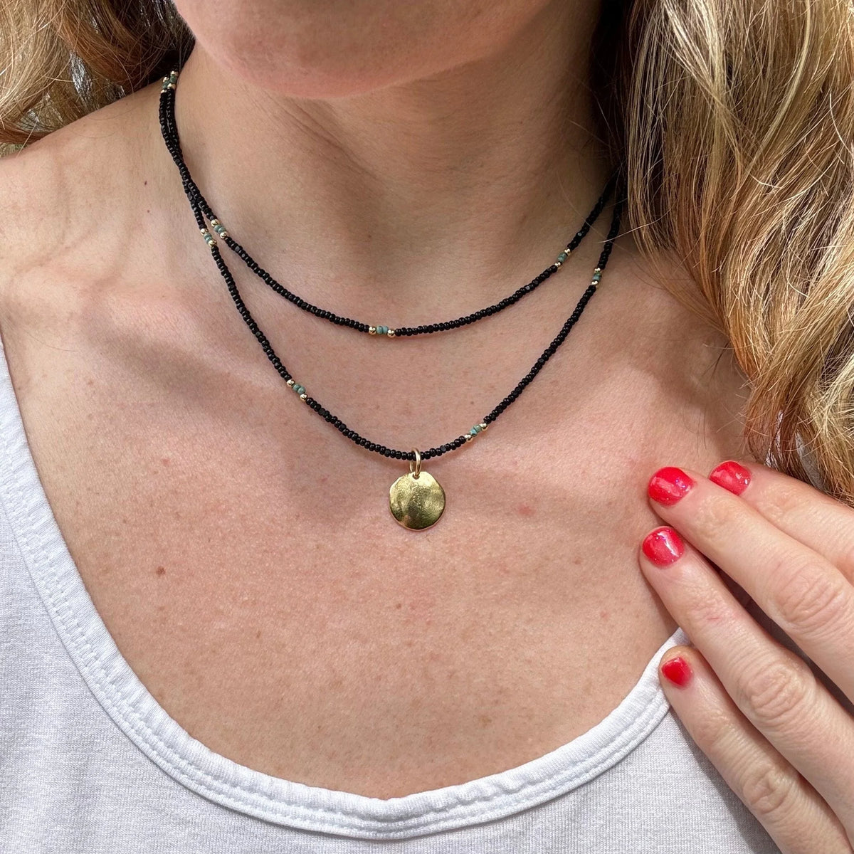 Layered Beaded Choker: Black Czech Glass, Gold Pendant, Boho Necklace
