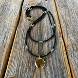 Layered Beaded Choker: Black Czech Glass, Gold Pendant, Boho Necklace