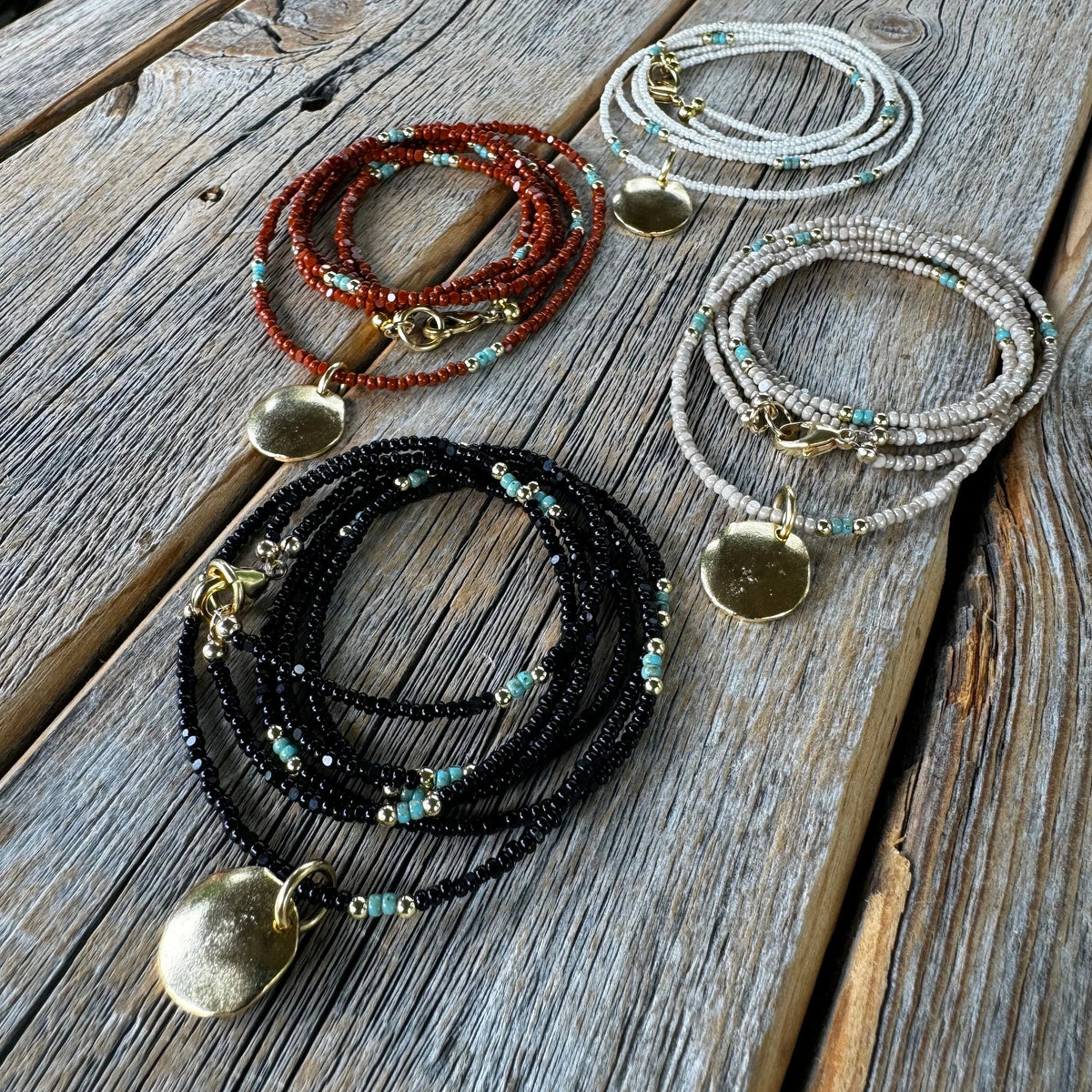 Layered Beaded Choker: Black Czech Glass, Gold Pendant, Boho Necklace