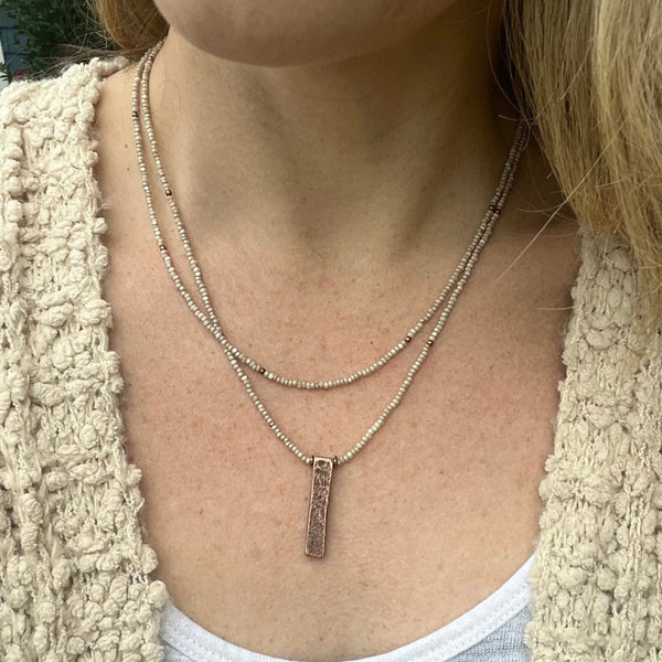 Layered Beige Beaded Necklace, Copper Pendant Necklace, Minimalist Boho Jewelry