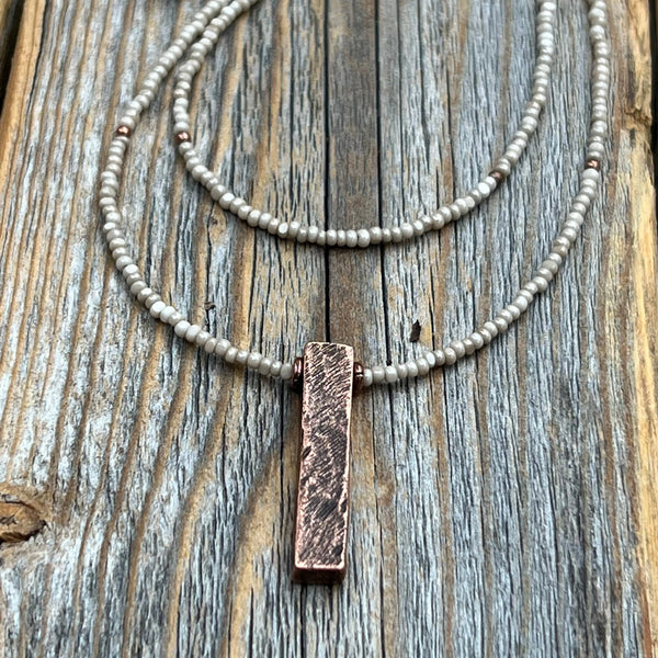 Layered Beige Beaded Necklace, Copper Pendant Necklace, Minimalist Boho Jewelry