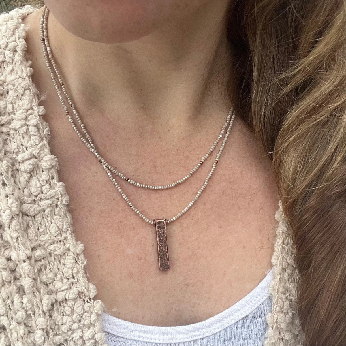 Layered Beige Beaded Necklace, Copper Pendant Necklace, Minimalist Boho Jewelry