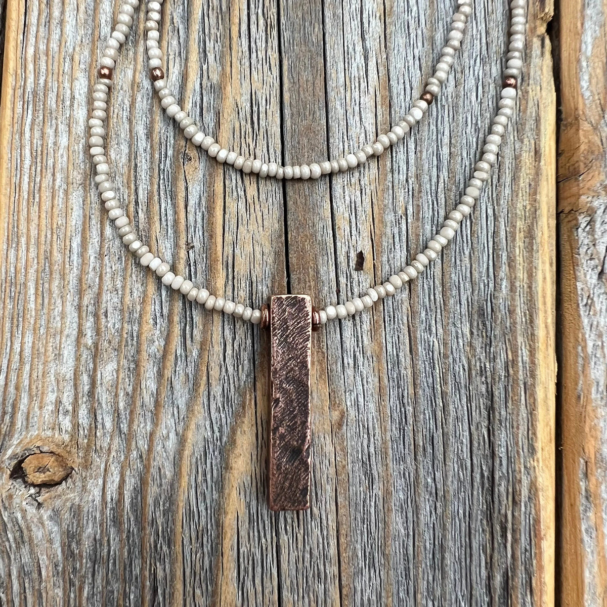 Layered Beige Beaded Necklace, Copper Pendant Necklace, Minimalist Boho Jewelry