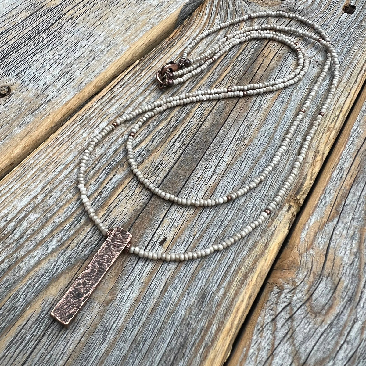 Layered Beige Beaded Necklace, Copper Pendant Necklace, Minimalist Boho Jewelry