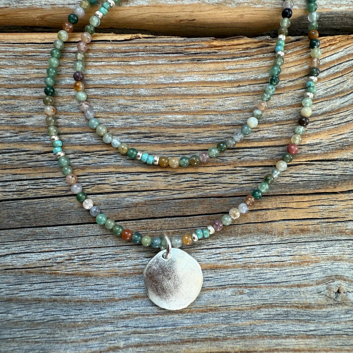 Layered Fancy Jasper Necklace, Earth Tone Beaded Sterling Silver Pendant