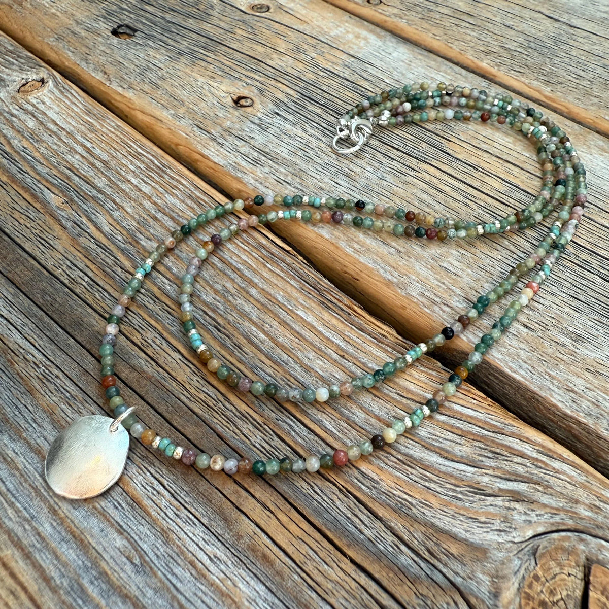 Layered Fancy Jasper Necklace, Earth Tone Beaded Sterling Silver Pendant
