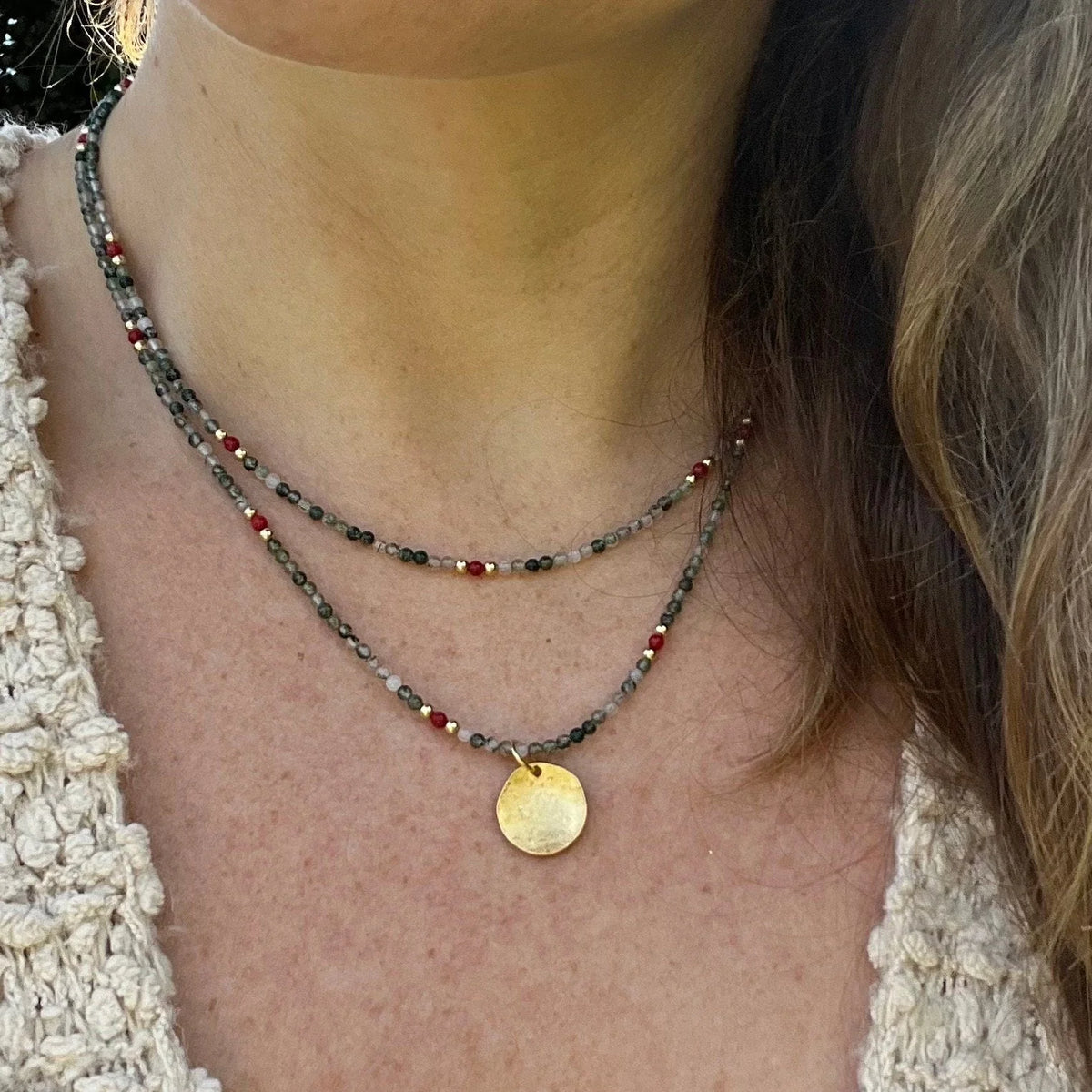 Layered Gold Beaded Necklace, Tree Agate Coral Gemstone Jewelry