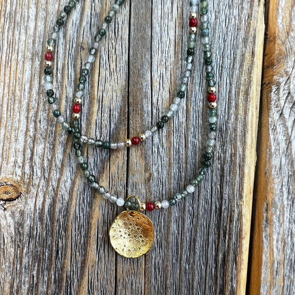 Layered Gold Beaded Necklace, Tree Agate Coral Gemstone Jewelry