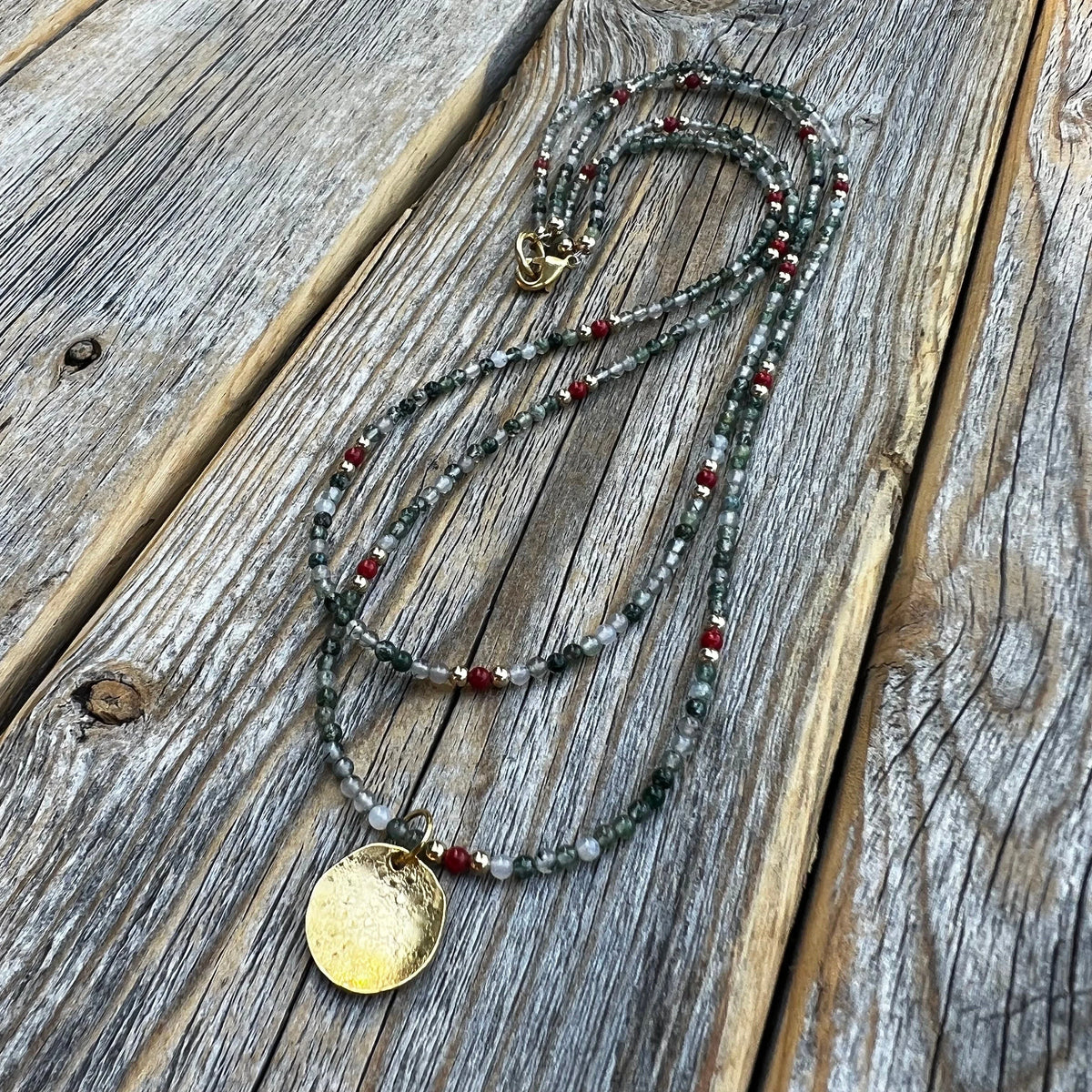Layered Gold Beaded Necklace, Tree Agate Coral Gemstone Jewelry