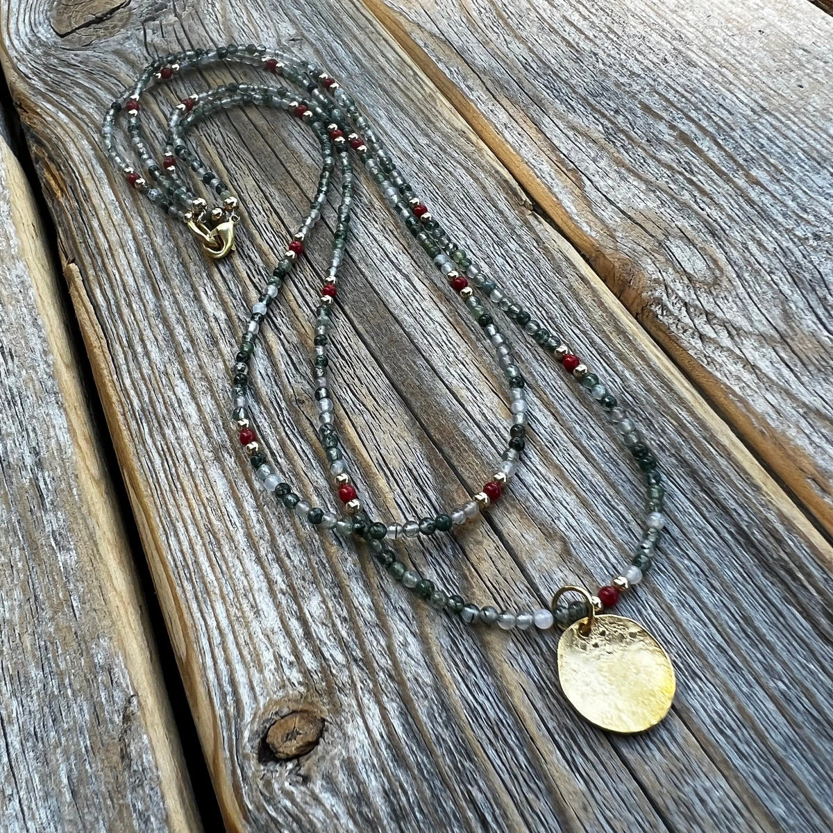 Layered Gold Beaded Necklace, Tree Agate Coral Gemstone Jewelry
