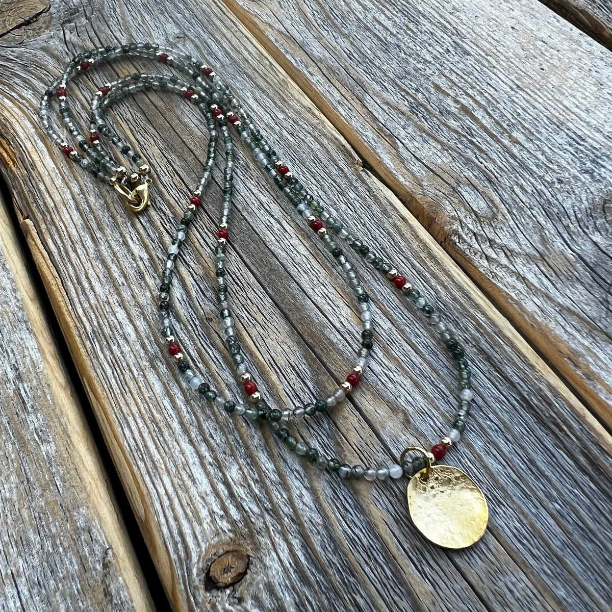 Layered Gold Beaded Necklace, Tree Agate Coral Gemstone Jewelry